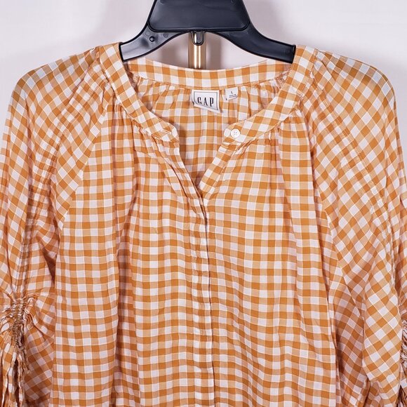 GAP Yellow Gingham‎ Ruched Sleeve Top SZ L - Picture 3 of 10